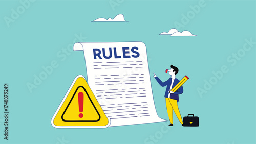 work rules and regulation, company standard operating procedures, Company policies for employee guidelines, smart businessman finishes writing work rules and regulations document concept illustration
