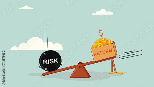 high risk high return business investment concept illustration, investor risk appetite in securities and investment asset to get high reward, The weight on seesaw creates a box of dollar prize money

