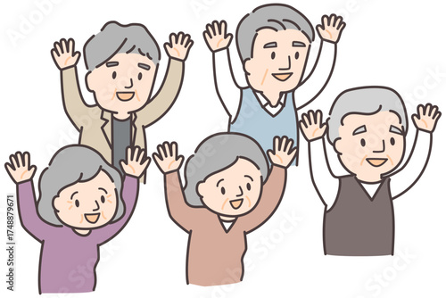 両手をあげて喜ぶ元気なシニア5人