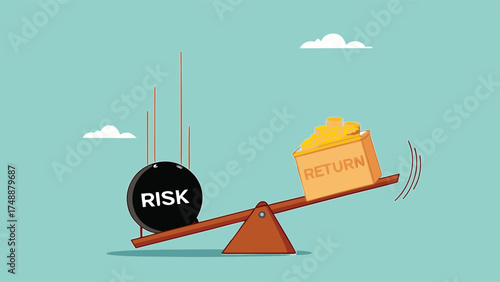 high risk high return business investment concept illustration, investor risk appetite in securities and investment asset to get high reward, The weight on seesaw creates a box of dollar prize money

