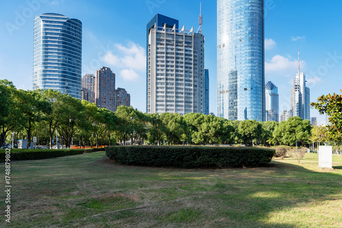 Photography city park with modern building background in shanghai