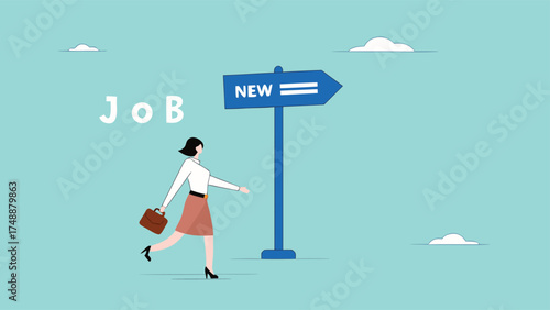 new job recruitment concept, business or career opportunity, new challenge to reach success, happy businesswoman running following a sign with the words new job


