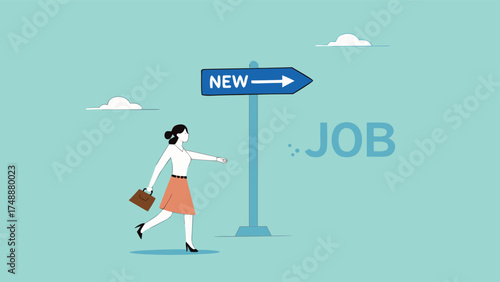 new job recruitment concept, business or career opportunity, new challenge to reach success, happy businesswoman running following a sign with the words new job

