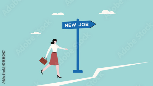 new job recruitment concept, business or career opportunity, new challenge to reach success, happy businesswoman running following a sign with the words new job

