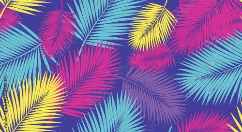 A vibrant tropical pattern featuring colorful palm leaves scattered across a deep purple background.