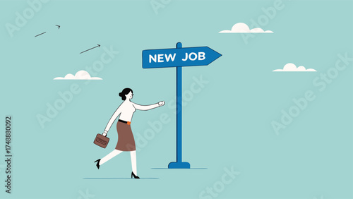 new job recruitment concept, business or career opportunity, new challenge to reach success, happy businesswoman running following a sign with the words new job

