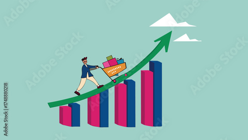 food price inflation, Inflation causing grocery price rising up, food or economic crisis that causes food prices rising up, Businessman push shopping carts filled with food items up the price chart


