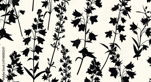 A delicate pattern of silhouetted wildflowers and bellflowers dances across a cream background.