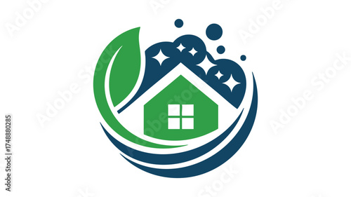 Eco-friendly home cleaning services logo with green leaf and sparkling house icon