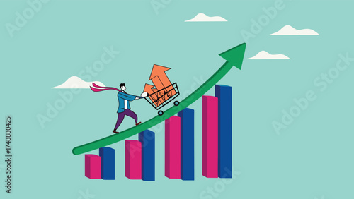 food price inflation, Inflation causing grocery price rising up, food or economic crisis that causes food prices rising up, Businessman push shopping carts filled with food items up the price chart

