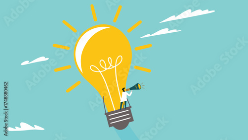 looking for business opportunities with knowledge, creative idea to see business opportunity, businesswoman riding a light bulb-shaped hot air balloon to observe business opportunities

