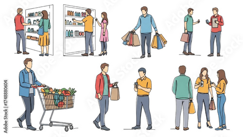 Minimalist One-Line Vector Illustration of People Shopping with Trolley and Carrying Groceries – Daily Market Life Design