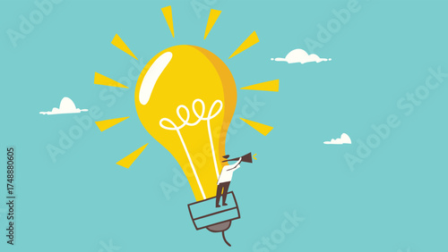 looking for business opportunities with knowledge, creative idea to see business opportunity, businesswoman riding a light bulb-shaped hot air balloon to observe business opportunities

