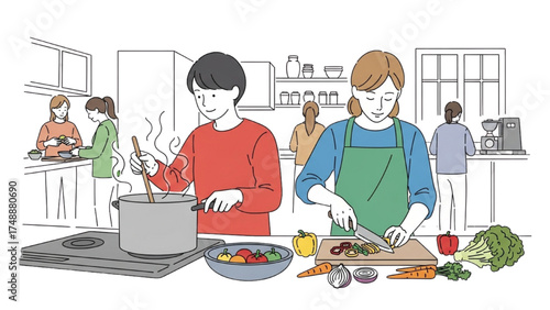 High Quality Colorful Line Drawing of People Cooking at Home – Minimalist One-Line Kitchen Vector Illustration