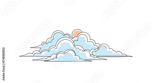 A gentle sunrise peeks through the fluffy white clouds on a clear morning.