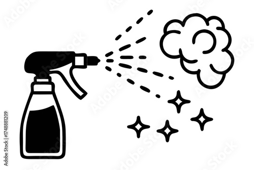Spray bottle with cleaning product is spraying mist