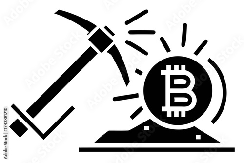 Bitcoin mining with pickaxe, cryptocurrency concept