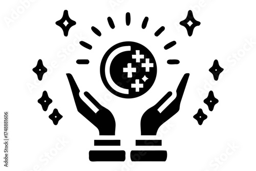 Hands holding moon, magic and celestial power
