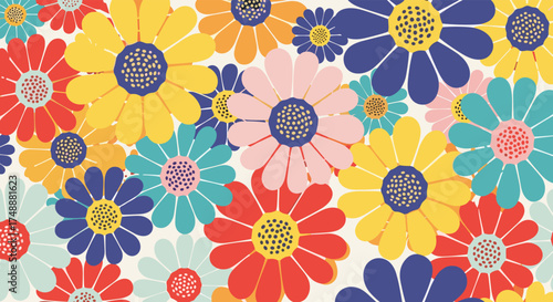 A cheerful and vibrant pattern of colorful daisy like flowers in a scattered arrangement.