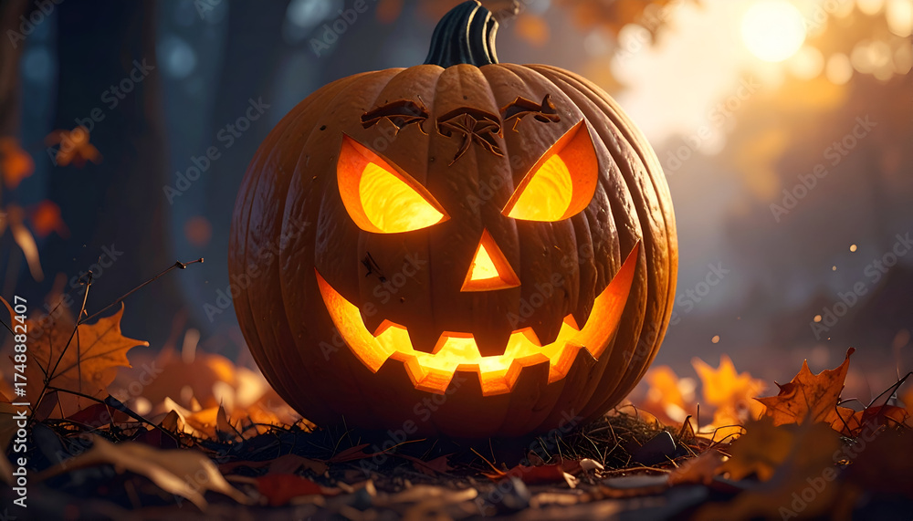Fototapeta premium Spooky Halloween Jack-o-Lantern Glowing in a Dark Autumn Forest.
