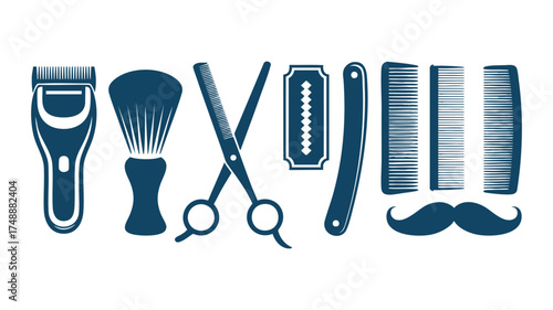 Barber shop essentials icon set featuring clippers combs scissors shaver razor and moustache