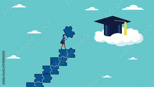 high education, success step to achieve higher education, cost to graduate high degree education, the way to achieve high education, people making ladder from puzzle going to graduation cap

