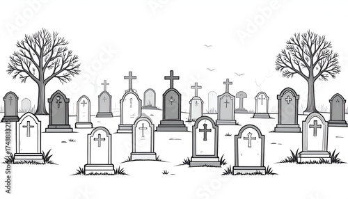 Hand drawn spooky cemetery landscape with tombstones and bare trees.