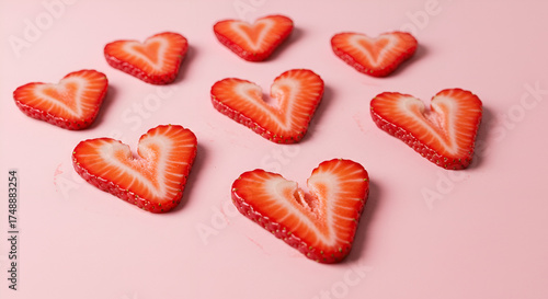 Creative pattern of strawberry slices forming heart shapes on pastel pink.