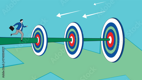 step to reach success or achievement, Short term, mid-term and long term goals, stages to achieve greater success, businessman running to short, medium and long term success target

