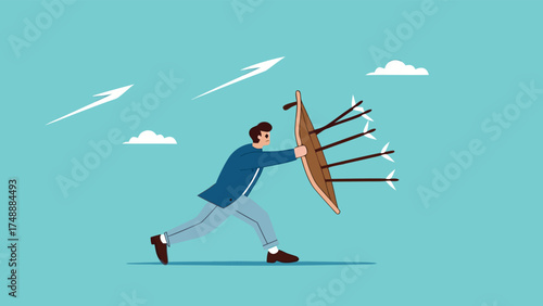 protection from threats, protects from Cyber ​​Threats to Businesses growth, protective shield company data security from cyber attacks, businessman uses a protective shield to ward off arrow attacks
