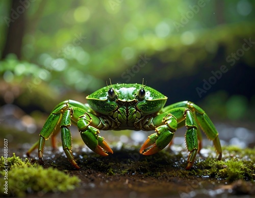 A vibrant, intensely detailed close-up of a vividly green crab, showcasing its intricate shell and powerful legs, set against a backdrop of lush, emerald green foliage.