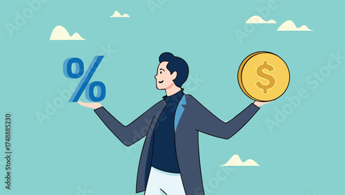 business lending, debt or financial credit, investment concept, business loan funds for capital or investment, mortgage or loan interest rate, businessman holding dollar money coin and percentage

