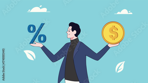 business lending, debt or financial credit, investment concept, business loan funds for capital or investment, mortgage or loan interest rate, businessman holding dollar money coin and percentage

