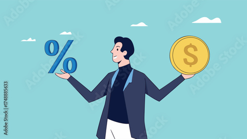 business lending, debt or financial credit, investment concept, business loan funds for capital or investment, mortgage or loan interest rate, businessman holding dollar money coin and percentage

