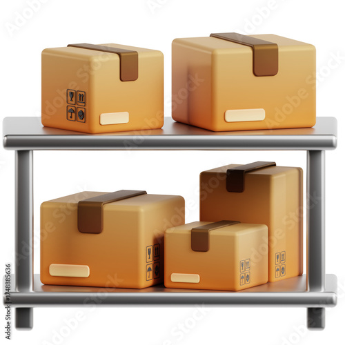 3D Rendered Delivery Boxes on Metal Shelves with Shipping Labels