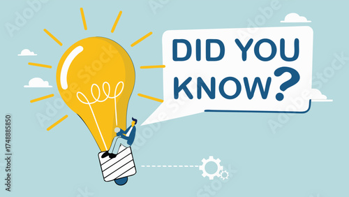 did you know? concept illustration, expert information, explanation or solution, businessman riding a light bulb idea balloon and using a megaphone with a speech bubble that says did you know?

