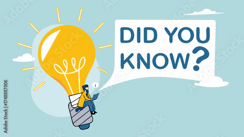 did you know? concept illustration, expert information, explanation or solution, businessman riding a light bulb idea balloon and using a megaphone with a speech bubble that says did you know?

