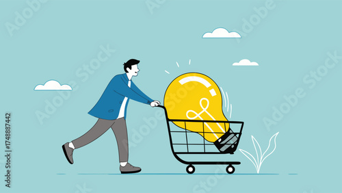tutoring or skills development, buy online courses or take training to improve skills, businessman buys light bulb idea puts it in shopping cart concept vector illustration

