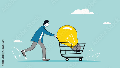 tutoring or skills development, buy online courses or take training to improve skills, businessman buys light bulb idea puts it in shopping cart concept vector illustration

