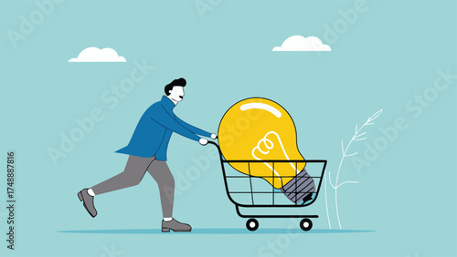 tutoring or skills development, buy online courses or take training to improve skills, businessman buys light bulb idea puts it in shopping cart concept vector illustration

