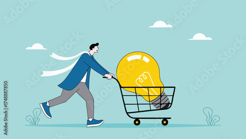 tutoring or skills development, buy online courses or take training to improve skills, businessman buys light bulb idea puts it in shopping cart concept vector illustration

