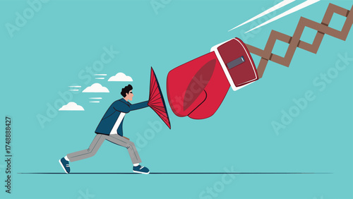 Business threat or problem, challenge or survive to win, survive and struggle to face business competition, defensive businessman using shield to face boxing glove with spring

