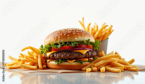 Appetizing shot of classic burger and shoestring fries with steam rising