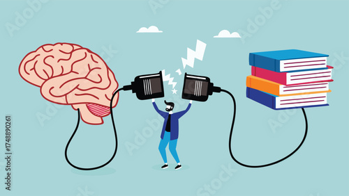 read books to learn new lessons, literature or intelligence information, improve literacy and numeracy skills, woman connect plug with stack of book with human brain concept vector illustration

