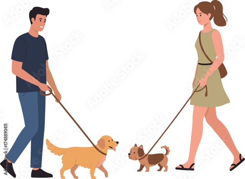 Dog walking scene, two people with pets, leash interaction, casual outfit, CAD drawing flat vector illustration, outdoor activity, pet lovers moment