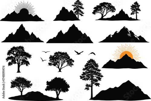 Mountain silhouettes, tree shapes, flying birds, nature icons, forest elements, sunrise scenes, landscape design, black vector set