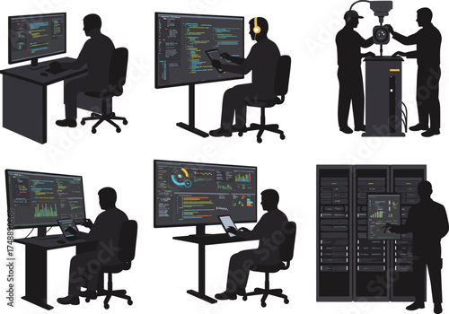 Tech professionals, data analysis, coding interface, server maintenance, laptop work, charts, teamwork, digital systems, modern workplace