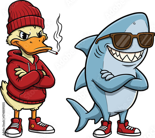 Urban duck and shark characters, streetwear style, crossed arms pose, attitude expression, CAD drawing flat vector illustration, anthropomorphic animals, cool vibe