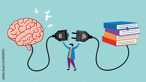 read books to learn new lessons, literature or intelligence information, improve literacy and numeracy skills, woman connect plug with stack of book with human brain concept vector illustration

