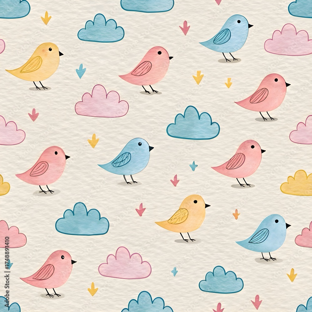 Obraz premium Pastel Birds & Clouds Motif on Textured Paper. Tiny pastel birds and clouds repeating over soft textured paper—delicate whimsical pattern.